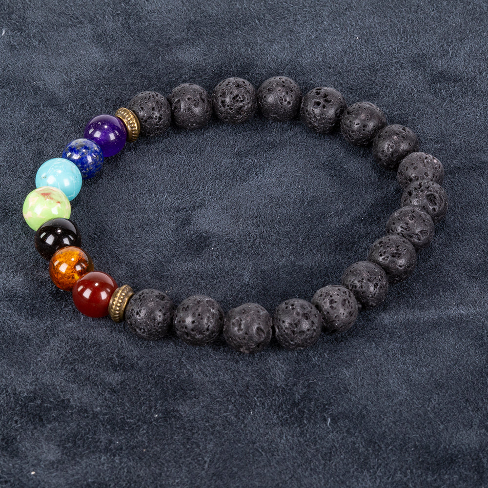 Náramek z čakry z lávového kamene – 20 cm, ohebný, se zlatou dekorací