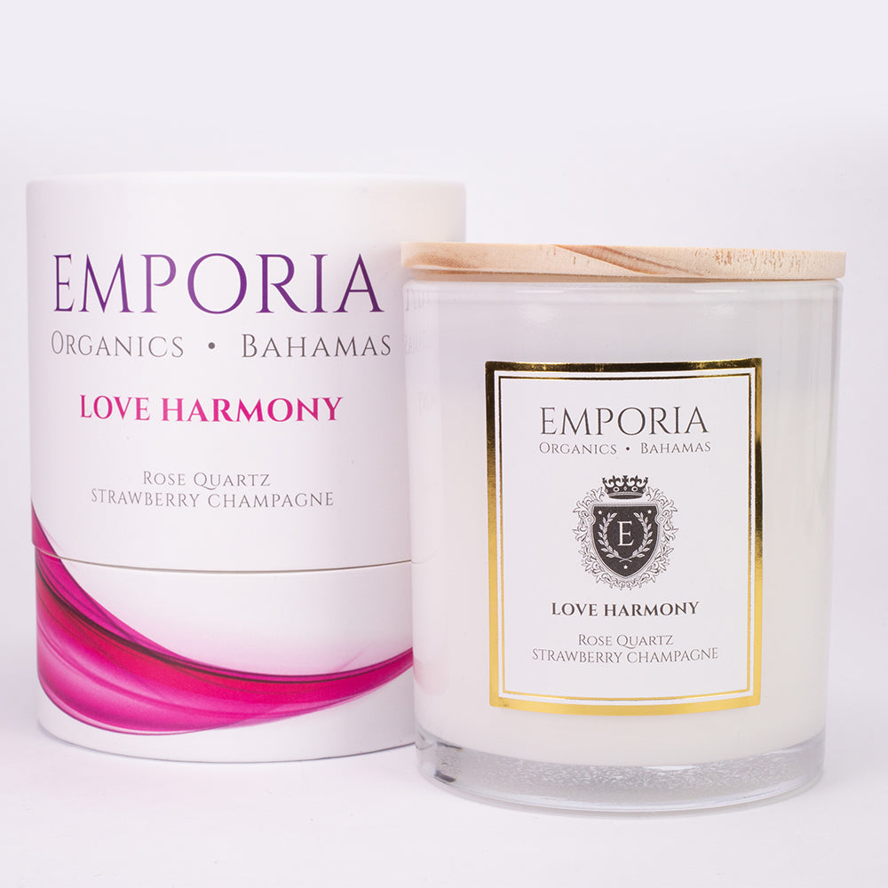 Emporia Organics Skleněná Svíčka: Bahamy - MILOVAT & HARMONIE, s Růženínem, s vůní jahod a šampaňského, 100% sójový vosk, 230 g