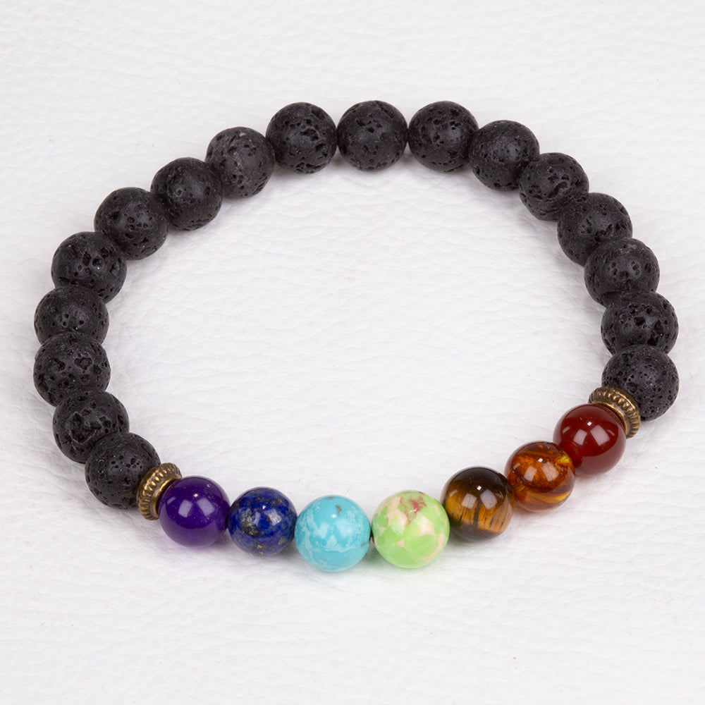 Náramek z čakry z lávového kamene – 20 cm, ohebný, se zlatou dekorací