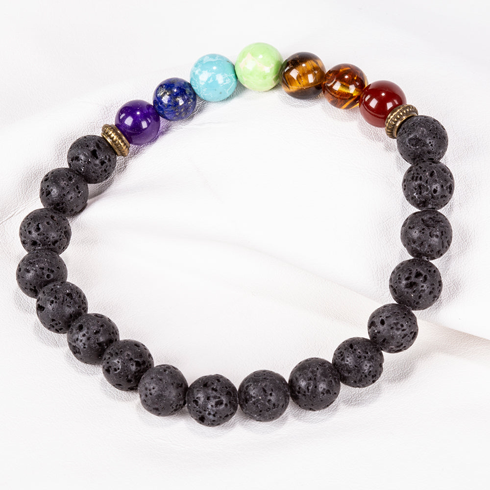 Náramek z čakry z lávového kamene – 20 cm, ohebný, se zlatou dekorací