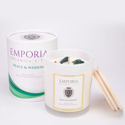 Emporia Organics Skleněná Svíčka: Fiji - MÍR & MOUDROST, s Malachitem, s vůní divoké hrušky a pačuli, 100% sójový vosk, 230 g