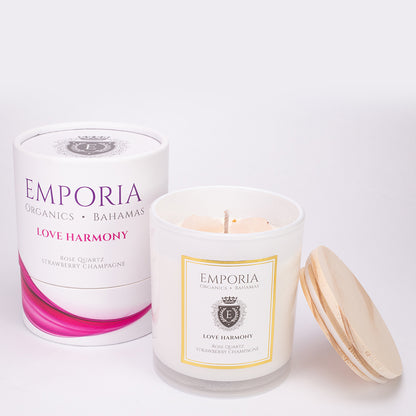 Emporia Organics Skleněná Svíčka: Bahamy - MILOVAT & HARMONIE, s Růženínem, s vůní jahod a šampaňského, 100% sójový vosk, 230 g