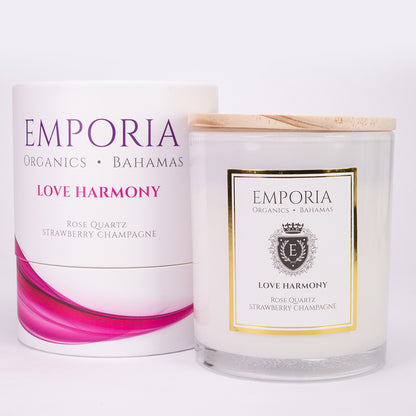 Emporia Organics Skleněná Svíčka: Bahamy - MILOVAT & HARMONIE, s Růženínem, s vůní jahod a šampaňského, 100% sójový vosk, 230 g